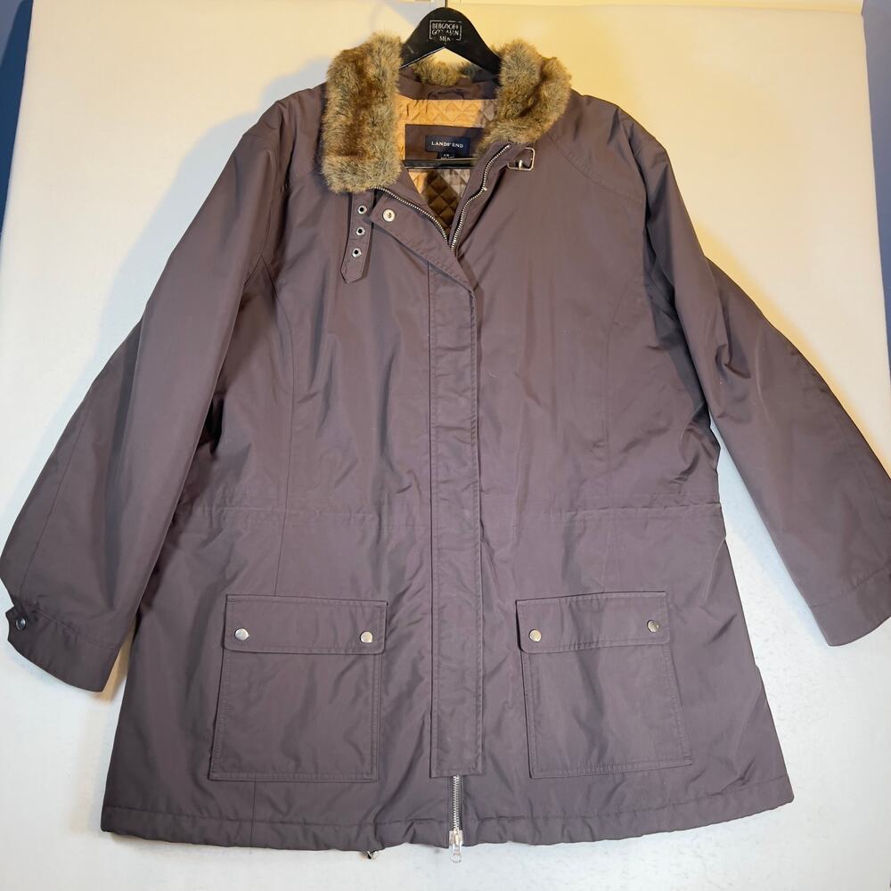 Lands' End Faux Fur Coat Womans 2X 20W-22W Brown Quilted Lining Plus Cozy Winter